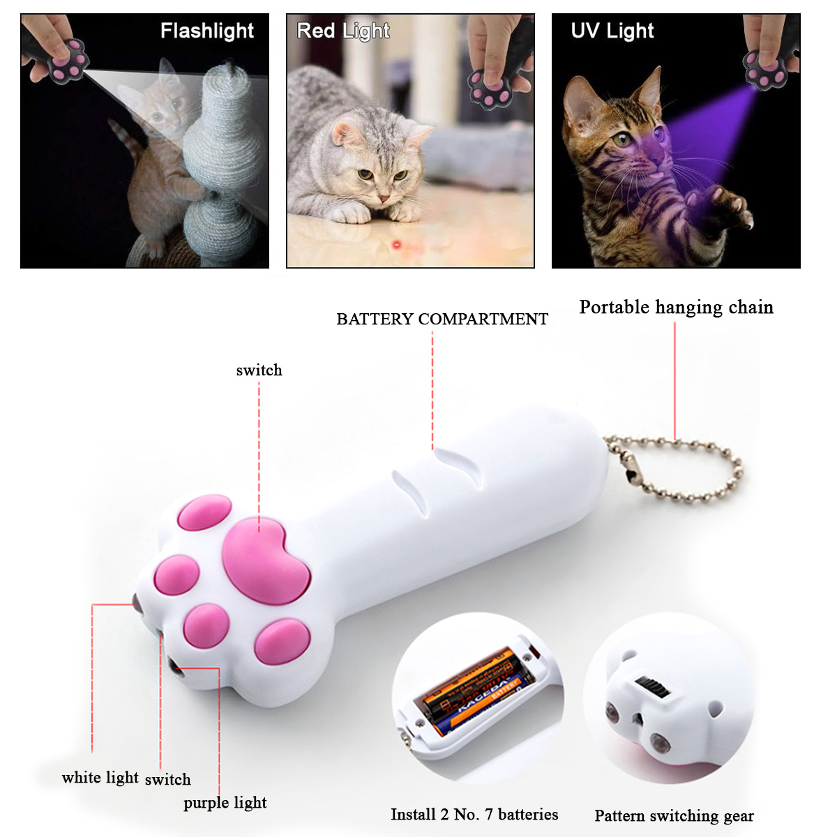 Ein Katzenspielzeug im Pfoten-Design. Es verfügt über eine Taschenlampe, rotes Licht und UV-Licht. Inklusive Batteriefach und Aufhängekette.