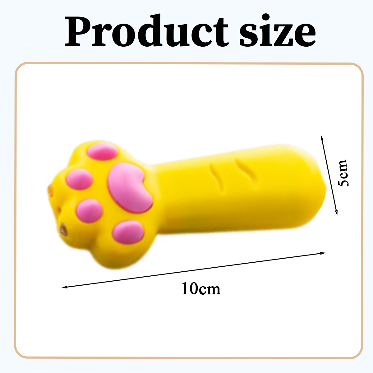 Ein gelbes, pfotenformiges Produkt. Rosa Polster und Details. Maße: 10 cm lang, 5 cm breit. Text 'Produktgröße' oben.