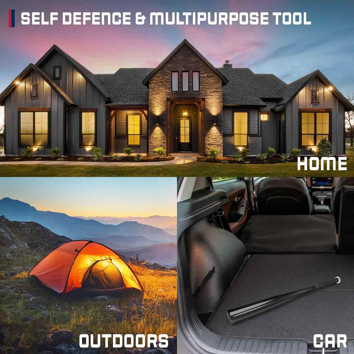 Das Bild zeigt ein Haus, ein Zelt in der Natur und einen Baseballschläger in einem Auto. Text sagt: SELBSTVERTEIDIGUNG & MEHRZWECKWERKZEUG.