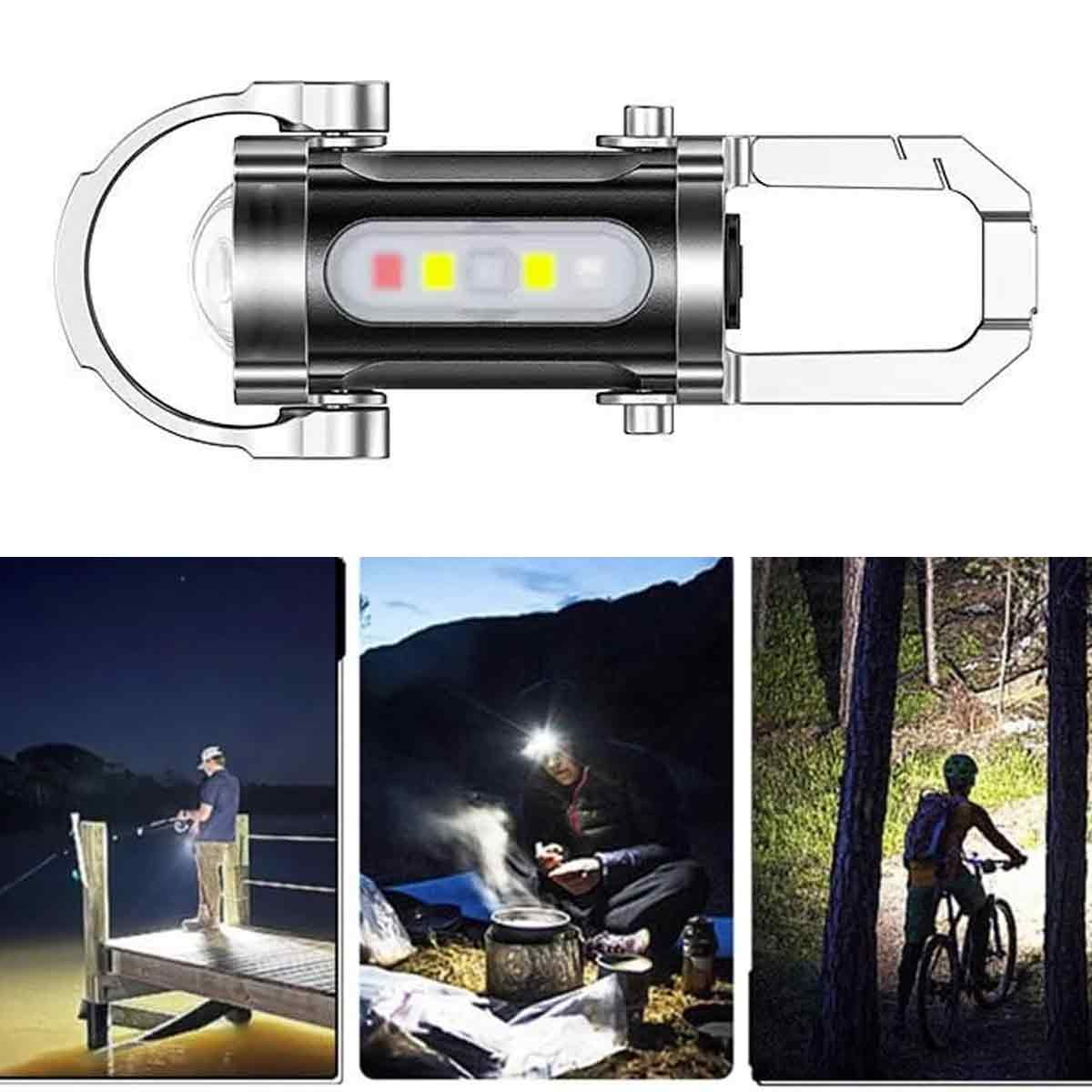 Nahaufnahme einer silber-schwarzen LED-Leuchte. Darunter drei Szenen: Eine Person, die nachts fischt, eine Person, die kocht, und ein Radfahrer im Wald.