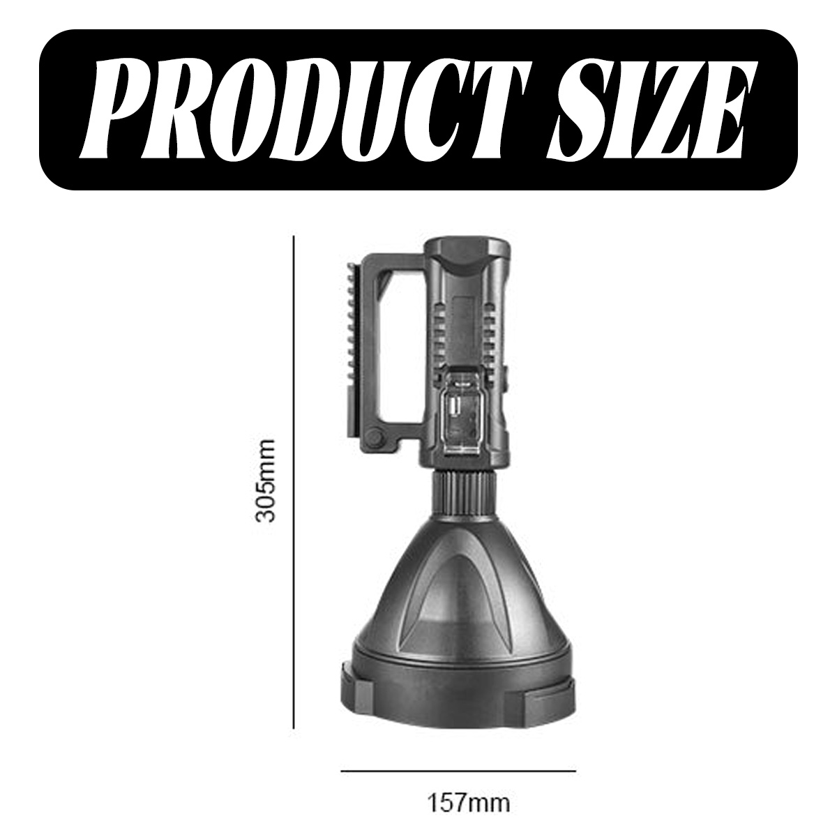 Eine schwarze Taschenlampe mit Griff, beschriftet mit 'PRODUCT SIZE'. Abmessungen: 305 mm hoch, 157 mm breit.