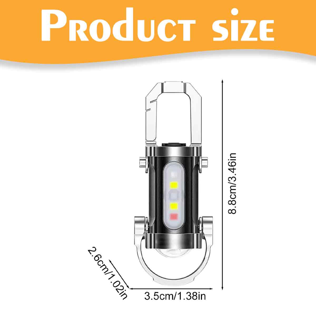 Produktgrößenanzeige. Eine silberne und schwarze LED-Leuchte mit den angegebenen Abmessungen: 8,8 cm/3,46 Zoll, 2,6 cm/1,02 Zoll und 3,5 cm/1,38 Zoll.