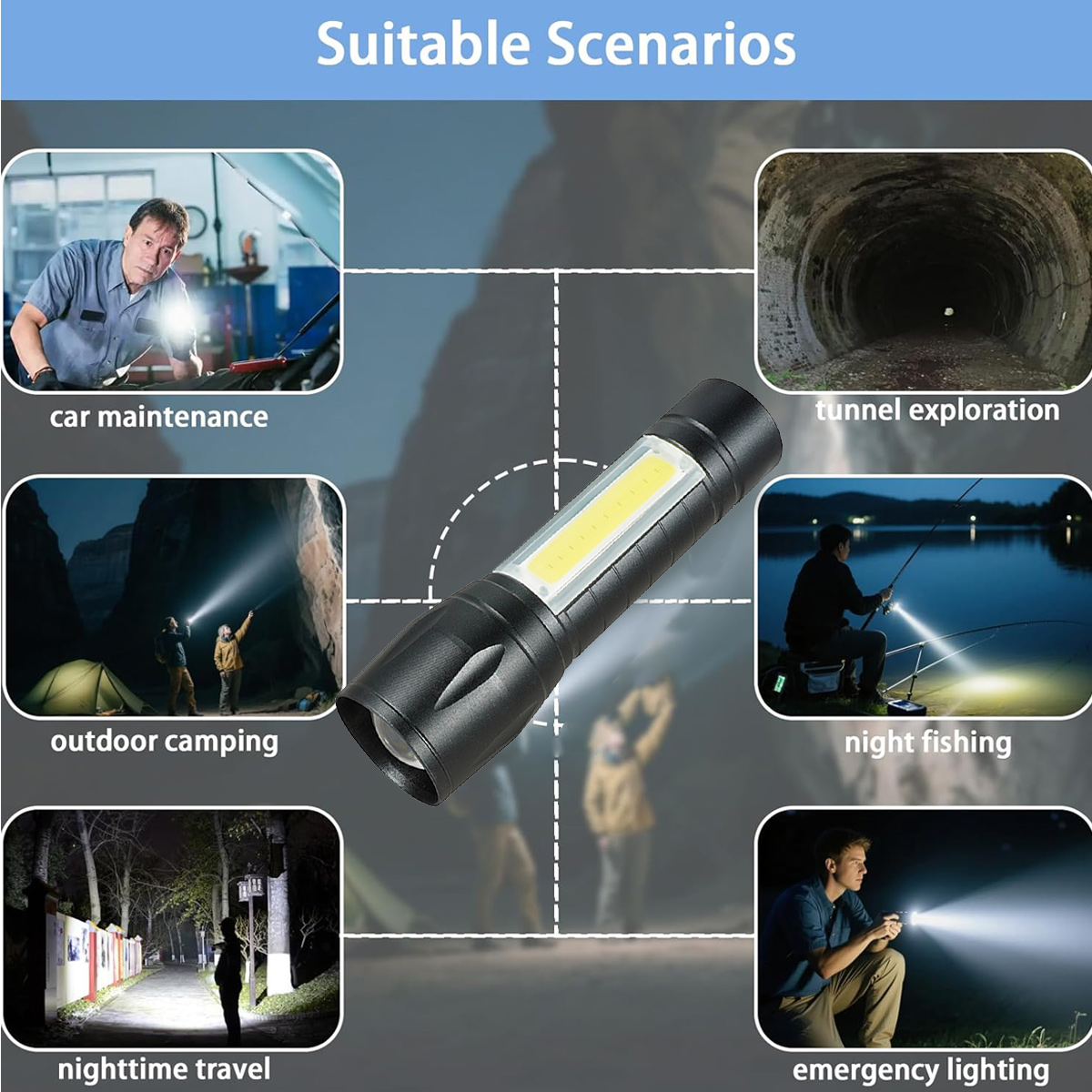 Das Bild zeigt eine schwarze Taschenlampe mit verschiedenen Szenen: Autoreparatur, Tunnel, Camping, Angeln, Nachtreise und Notfall.