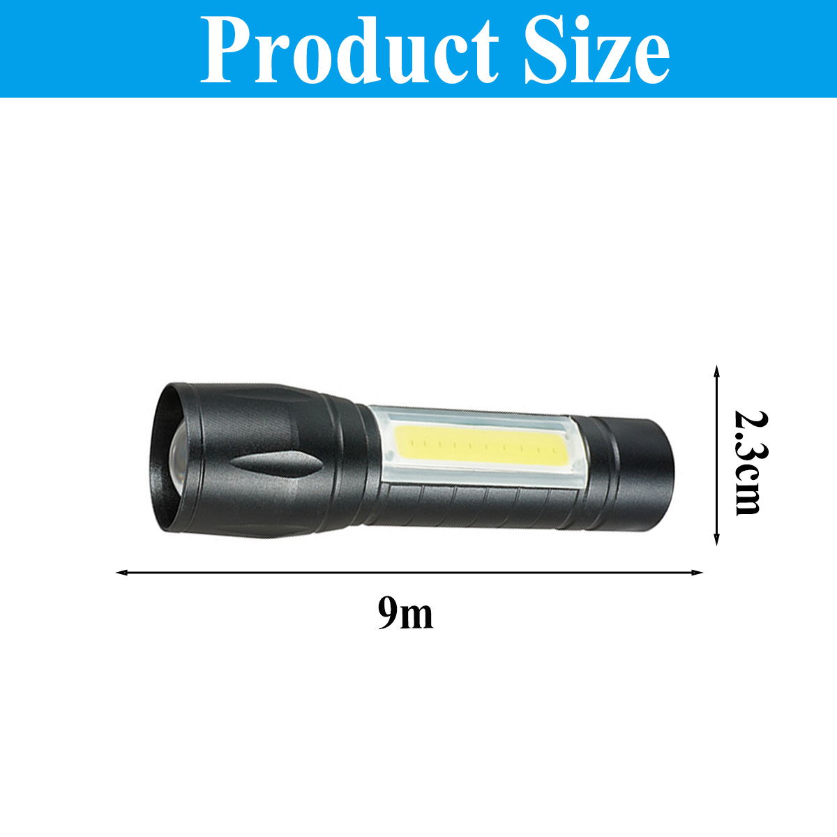 Schwarze Taschenlampe mit weißem Licht, 9 m lang und 2,3 cm breit. Produktgrößentext oben.