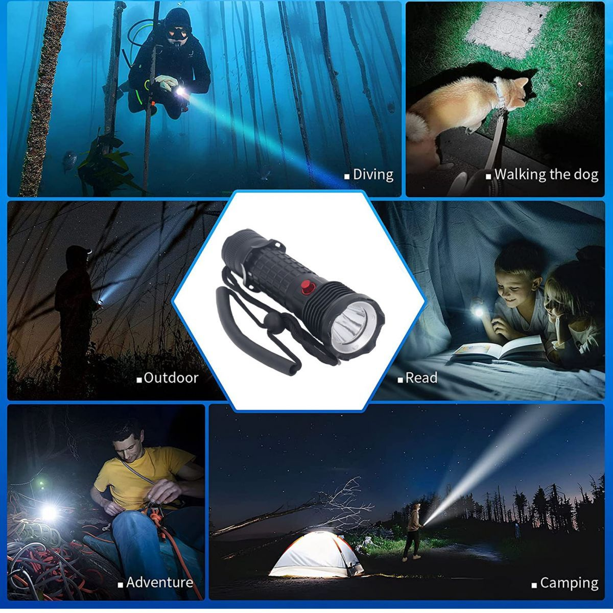 Das Bild zeigt die Verwendung einer Taschenlampe: Tauchen, Gassi gehen, Outdoor, Lesen, Abenteuer und Camping.