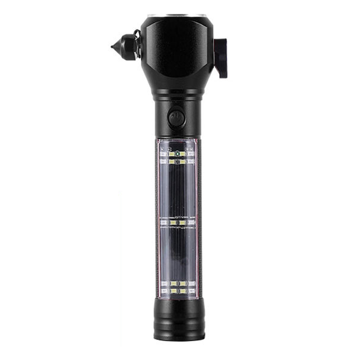 Schwarze Multi-Tool-Taschenlampe. Verfügt über einen Glasbrecher, einen Knopf und einen Solarpanel-Bereich mit LEDs.