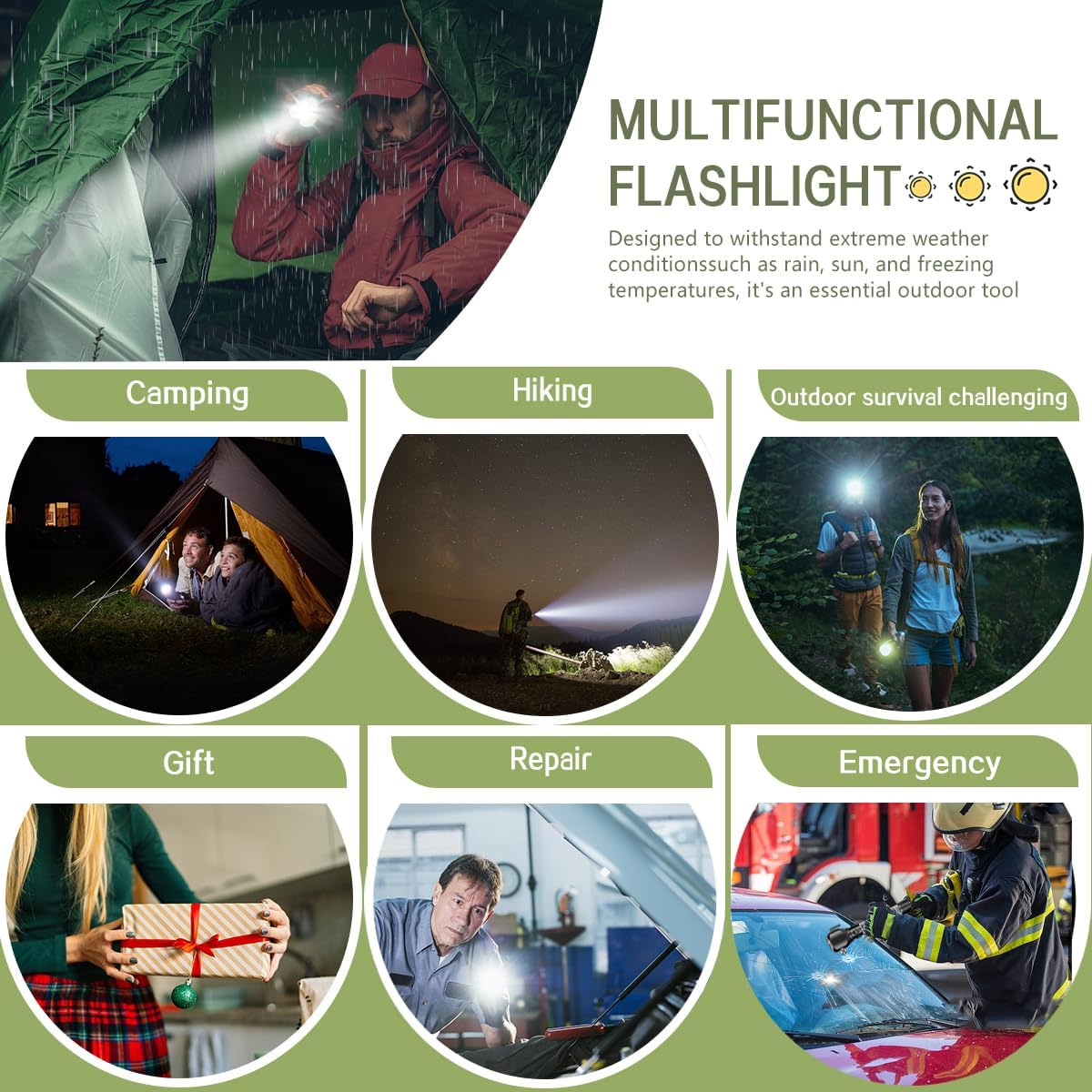 Das Bild zeigt eine multifunktionale Taschenlampe, die beim Camping, Wandern, Überleben, Verschenken, Reparieren und in Notfällen verwendet wird.