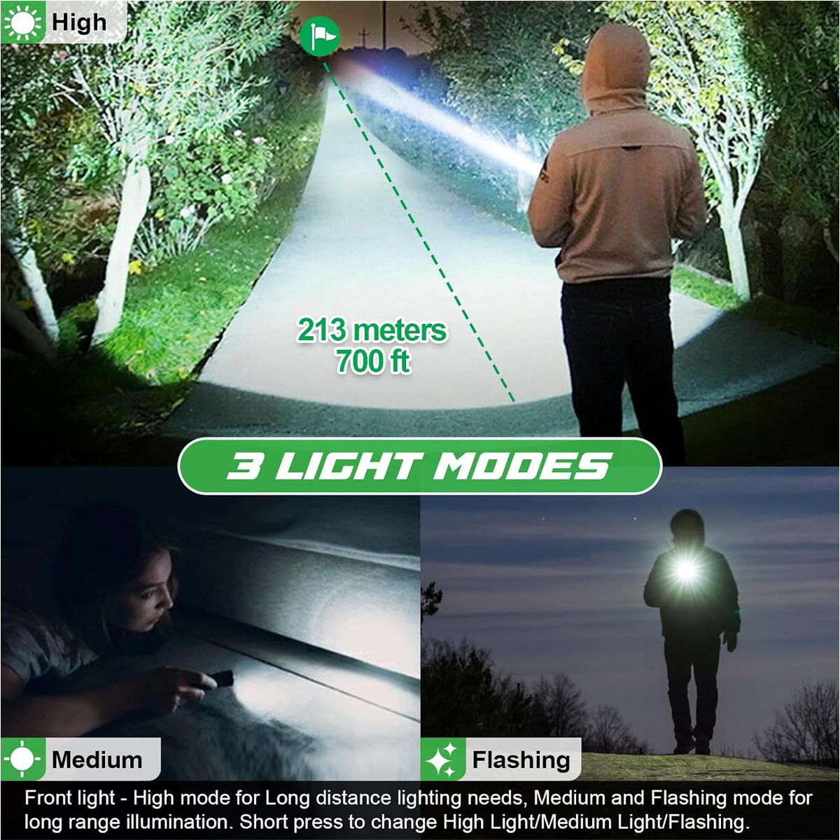 Eine Person, die nachts mit einer Taschenlampe einen Weg beleuchtet. Der Strahl erstreckt sich über 213 Meter. Text zeigt drei Lichtmodi an.