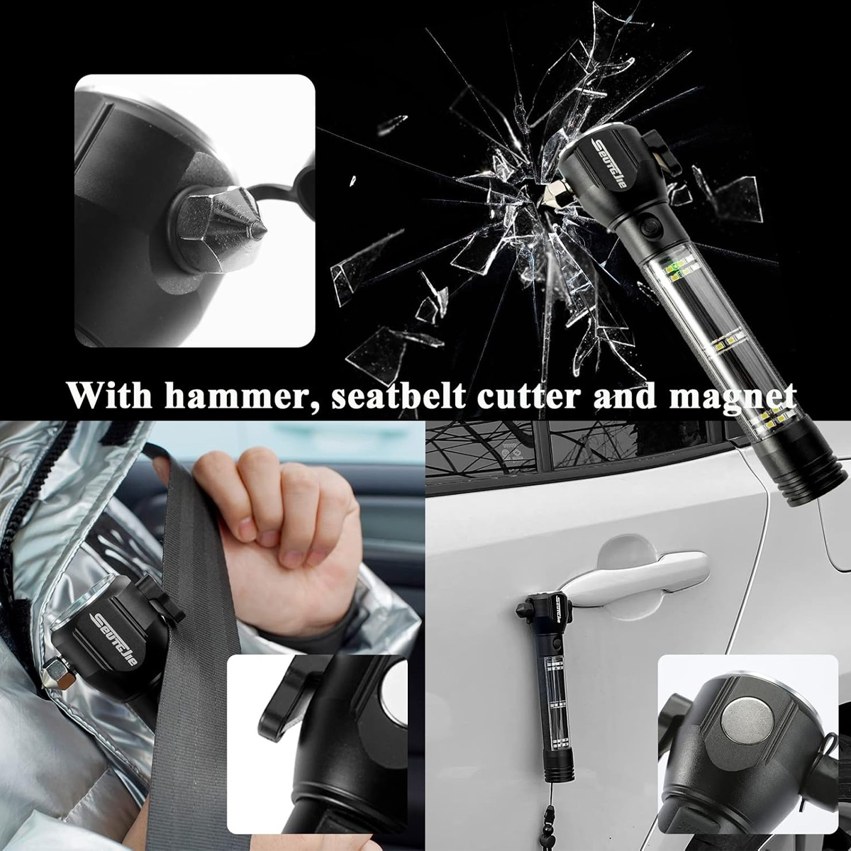 Ein Multi-Tool mit Hammer, Gurtschneider und Magnet ist abgebildet. Das Werkzeug dient zum Einschlagen von Glas und zum Durchtrennen des Gurtes.