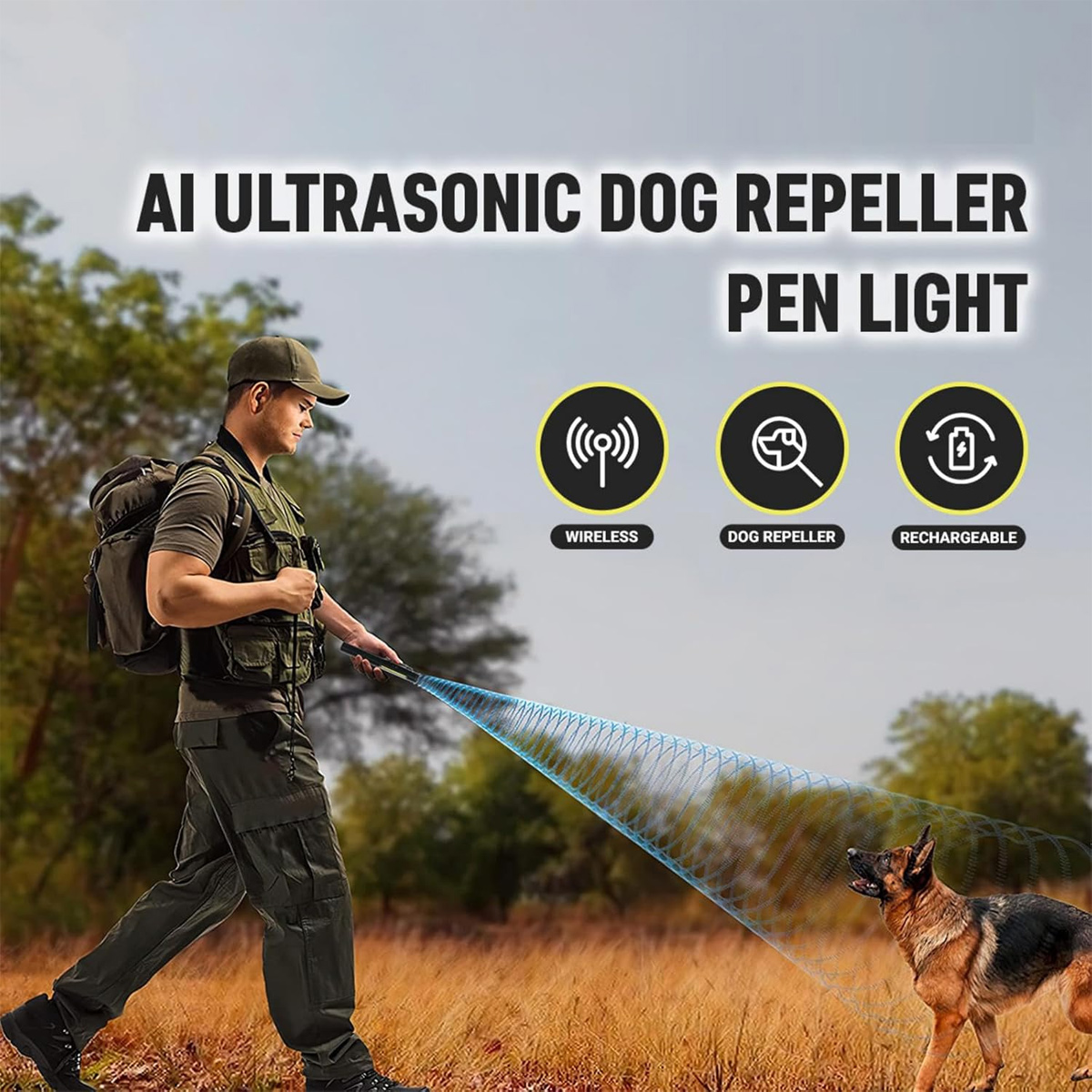 Ein Mann benutzt einen Hundeabwehrer auf einem Feld. Ein Hund steht vor ihm. Der Text lautet 'AI Ultrasonic Dog Repeller Pen Light'.