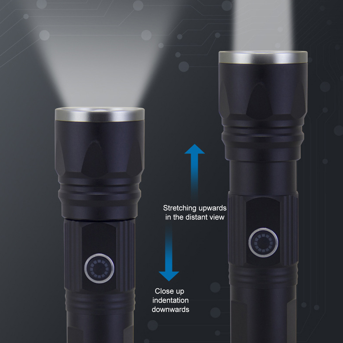Zwei schwarze Taschenlampen mit silbernen Rändern. Die linke ist beleuchtet. Pfeile zeigen Dehnung und Nahaufnahmen.