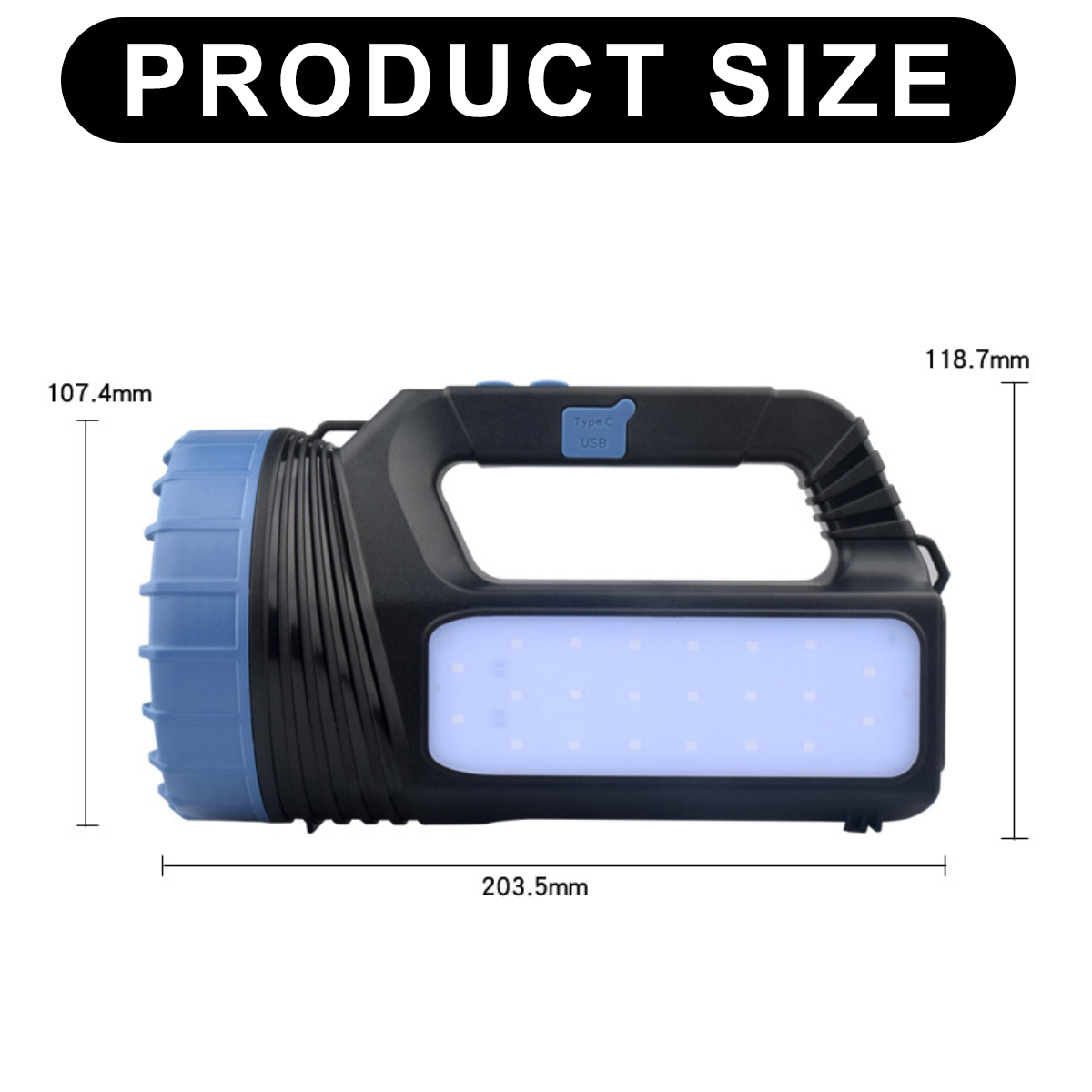 Eine schwarz-blaue Taschenlampe mit Griff. Abmessungen: 203,5 mm lang, 118,7 mm hoch und 107,4 mm breit. Text: PRODUKTGRÖSSE.