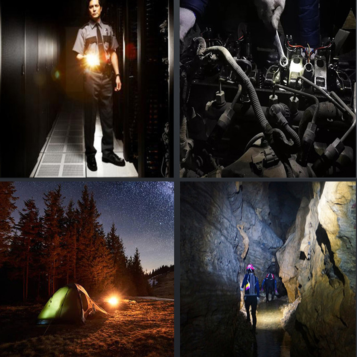 Ein Sicherheitsbeamter mit einer Taschenlampe in einem Serverraum. Ein Mechaniker arbeitet an einem Motor. Ein Campingplatz bei Nacht. Menschen erkunden eine Höhle.