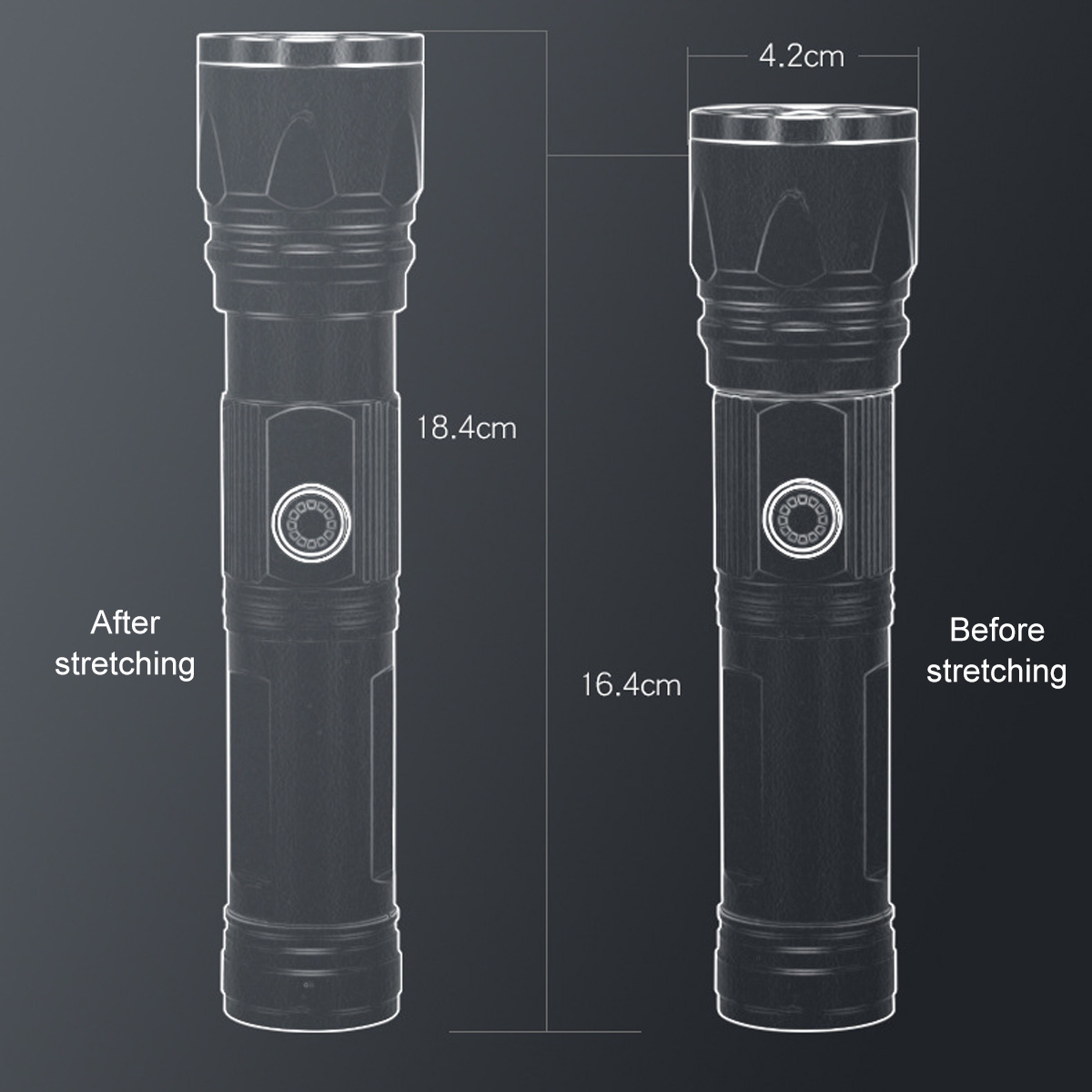 Diagramm einer Taschenlampe, das vor und nach dem Ausdehnen zeigt. Abmessungen sind angegeben: 16,4 cm und 18,4 cm hoch. Die Breite beträgt 4,2 cm.