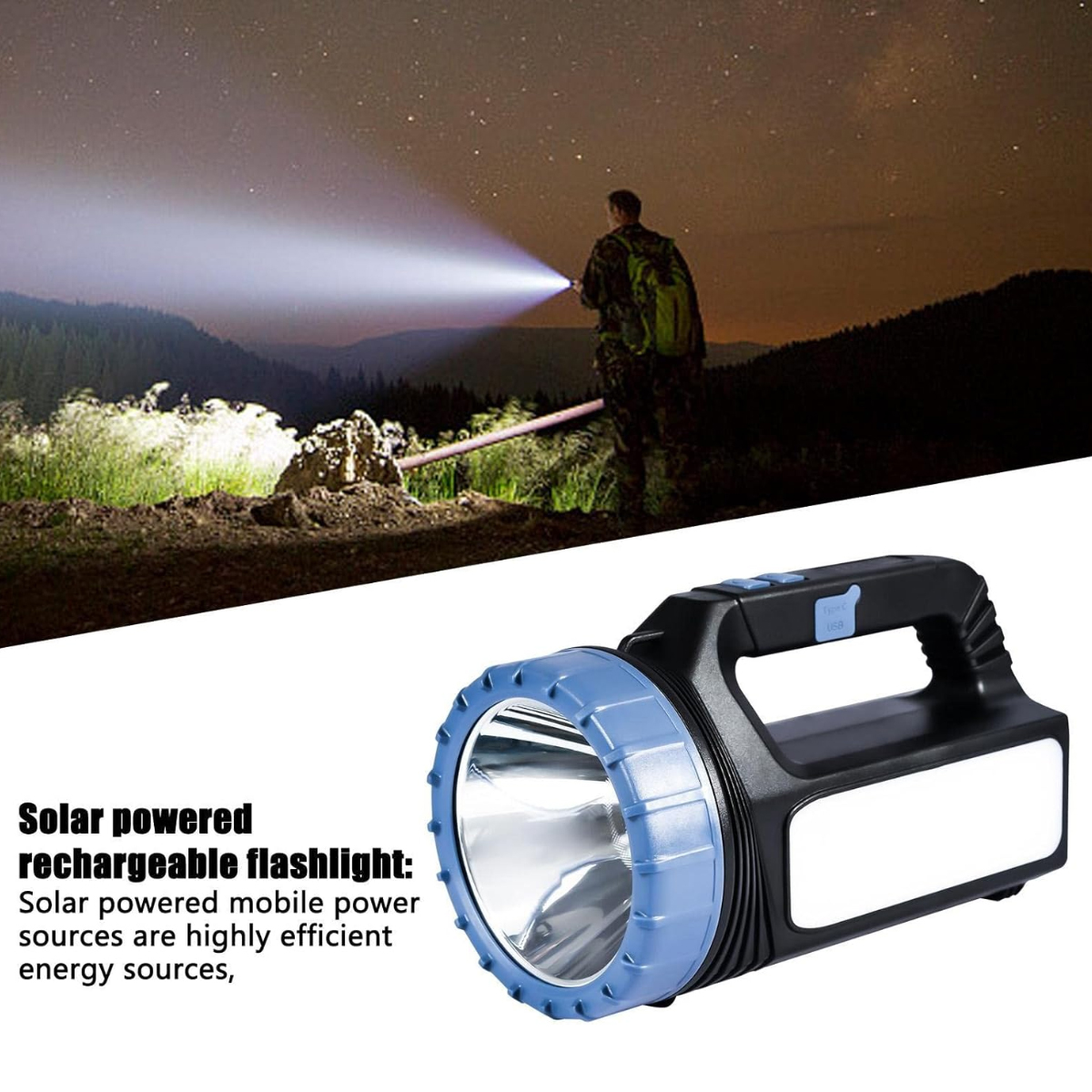 Eine Person in den Bergen bei Nacht benutzt eine Taschenlampe. Eine solarbetriebene, wiederaufladbare Taschenlampe ist im Vordergrund.