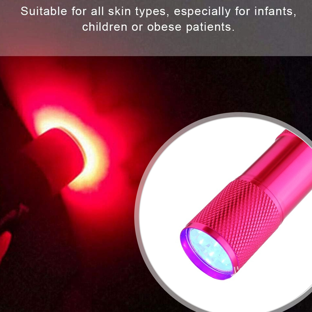 Eine rosa Taschenlampe strahlt Licht aus. Der Hintergrund ist rot und enthält Text, dass das Produkt für alle Hauttypen geeignet ist.