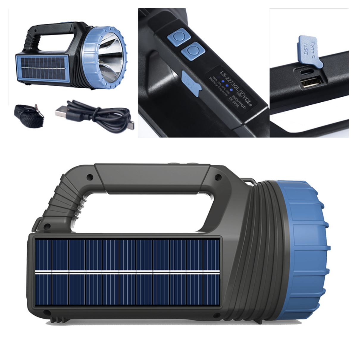 Eine schwarz-blaue solarbetriebene Taschenlampe. Sie hat einen Griff, ein Solarpanel und einen USB-Anschluss. Zubehör sind ein Gurt und ein USB-Kabel.