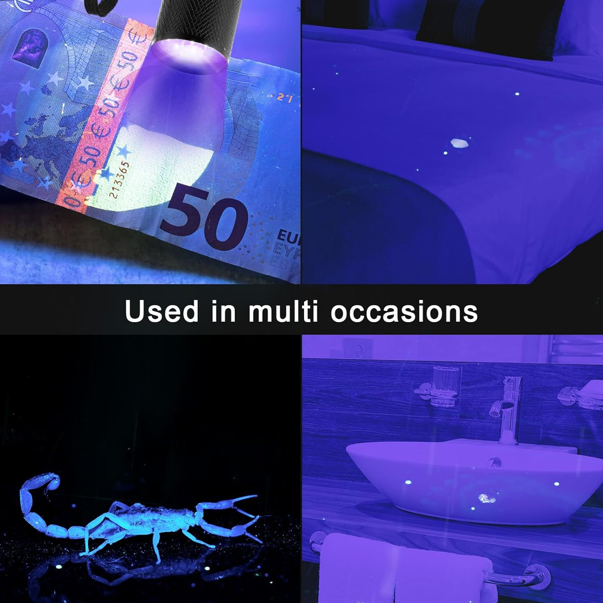 Eine Collage zeigt UV-Licht auf einer 50-Euro-Note, einem Bett, einem Skorpion und einem Waschbecken. Alle Elemente leuchten blau.