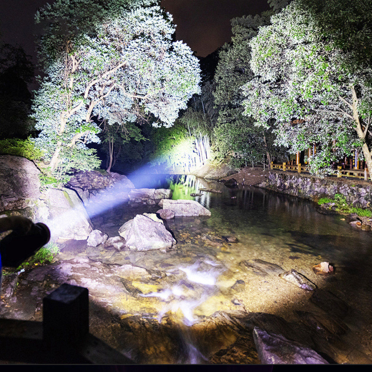 Eine Taschenlampe beleuchtet nachts einen Bach. Felsen und Bäume umgeben das Wasser und reflektieren das Licht. Dunkler Hintergrund.