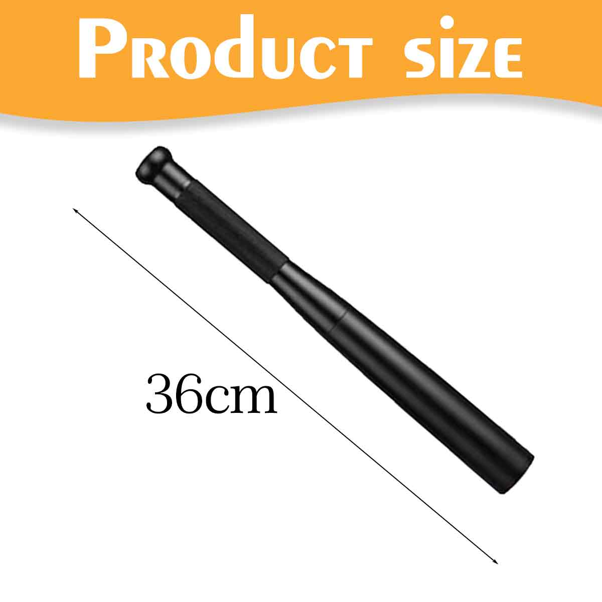 Schwarzer Schlagstock mit einer Messung von 36 cm. Der Text 'Produktgröße' steht oben.