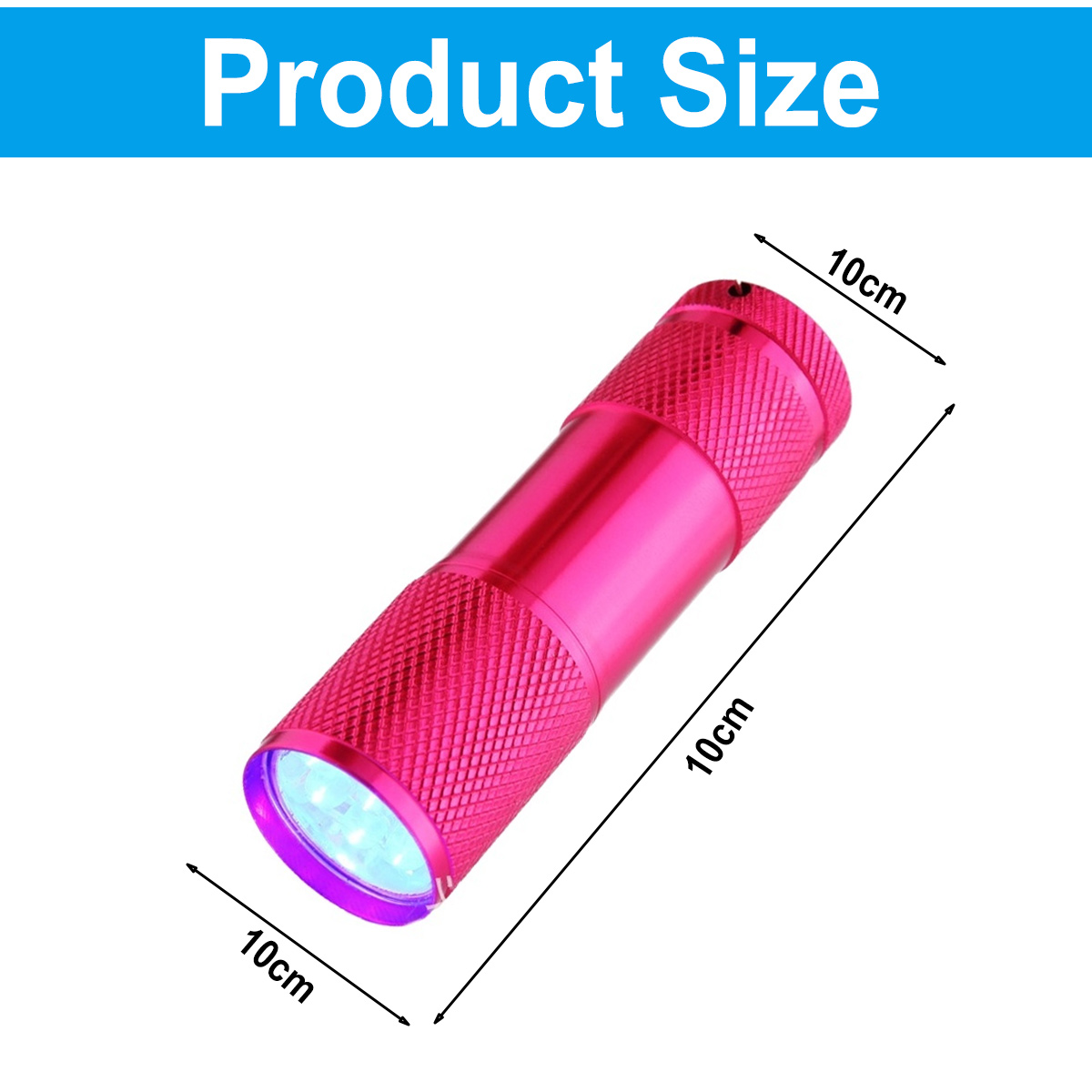 Eine pinkfarbene Taschenlampe mit den Maßen 10cm x 10cm, beschriftet mit 'Produktgröße'. Sie hat einen strukturierten Griff und blaue Lichter.