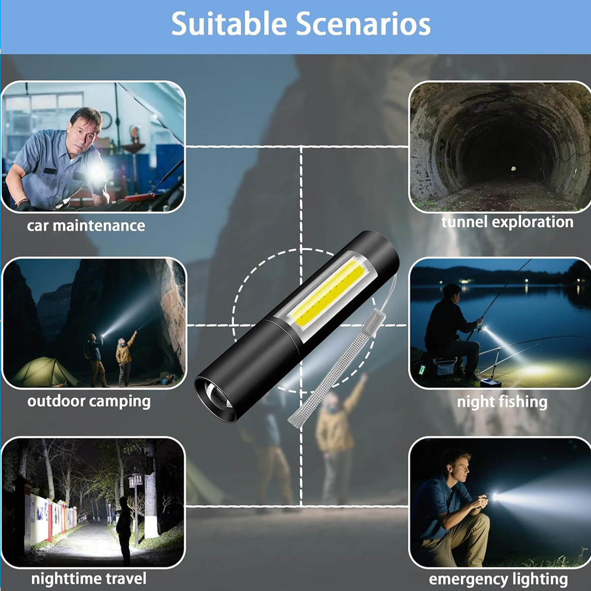 Eine schwarze Taschenlampe mit gelbem Licht wird mit Szenarien gezeigt: Autoreparatur, Tunnelbegehung, Camping, Nachtangeln, Nachtreise und Notbeleuchtung.