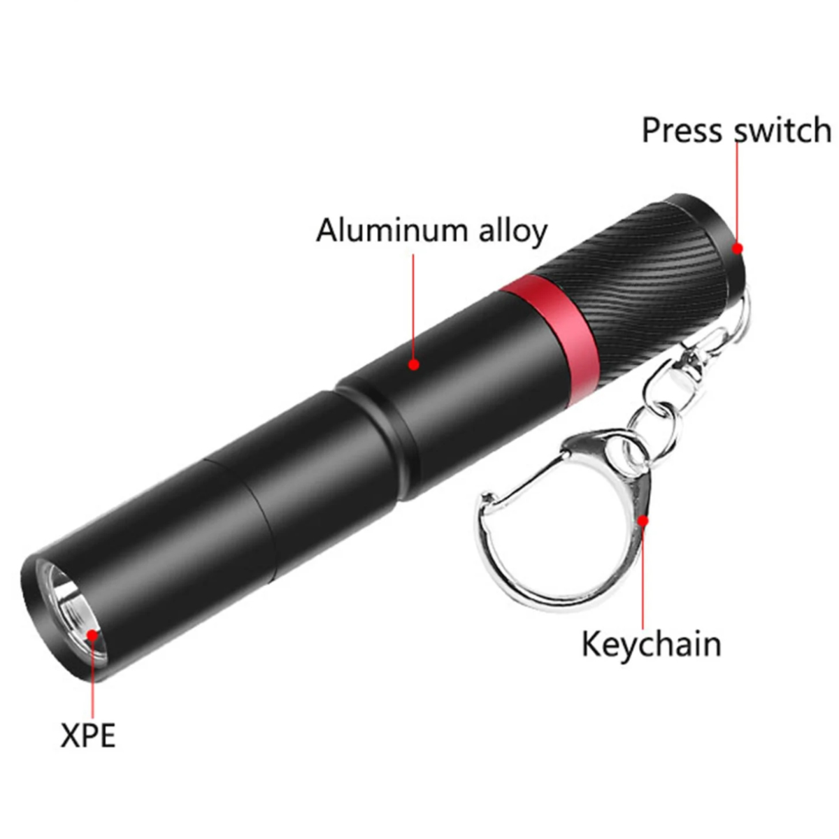 Schwarze Taschenlampe mit rotem Ring, silberner Schlüsselanhänger. Beschriftet: Aluminiumlegierung, Schalter, XPE und Schlüsselanhänger.