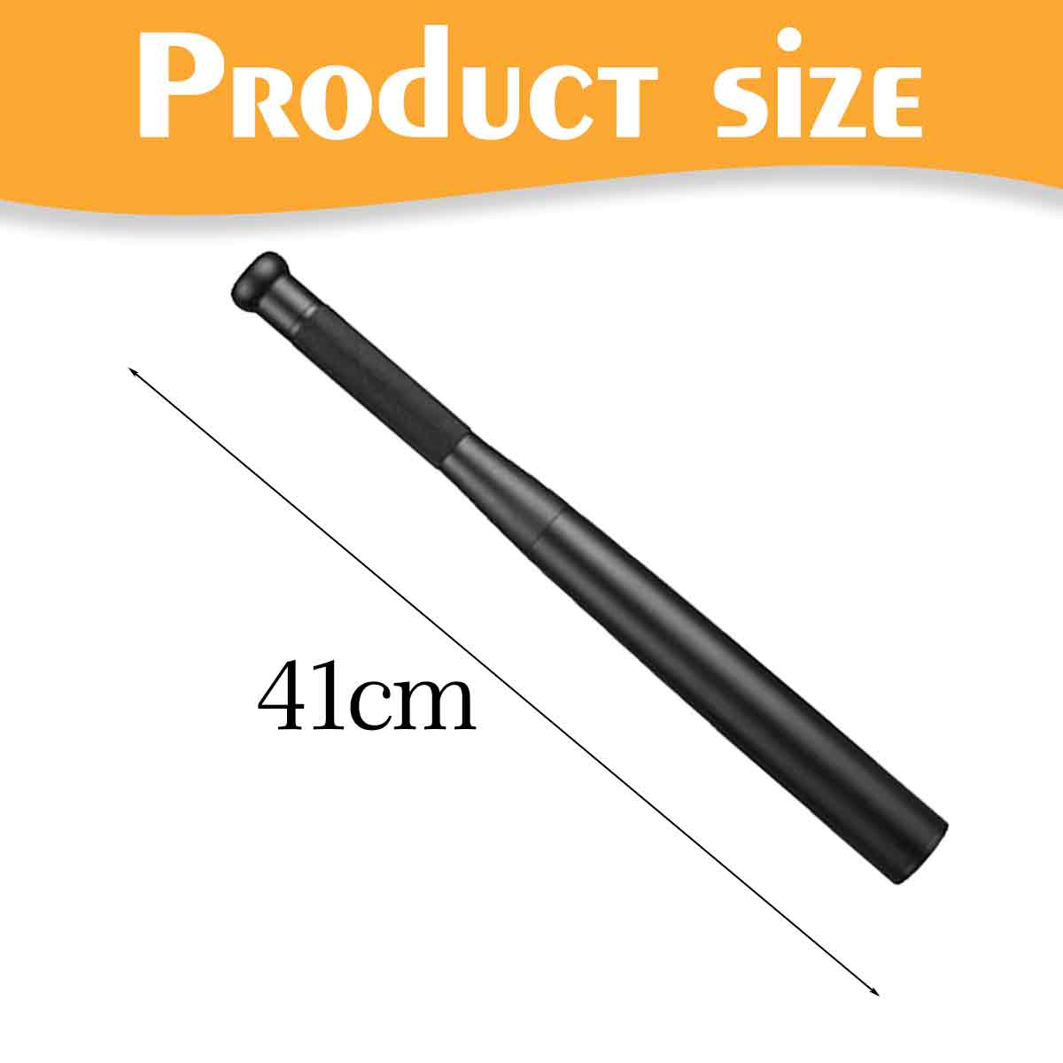Schwarzer Schlagstock mit Pfeil, der seine Größe von 41 cm anzeigt. Text 'PRODUCT SIZE' in Weiß auf orangefarbenem Hintergrund.