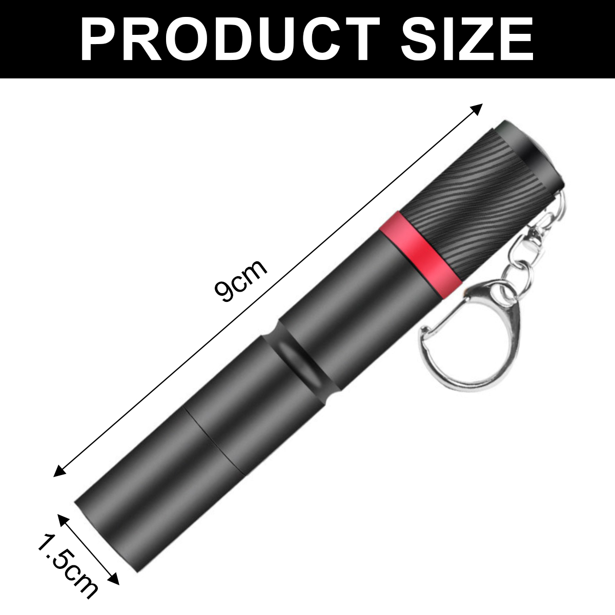 Eine schwarze Taschenlampe mit rotem Band, 9 cm lang und 1,5 cm breit. Text: 'PRODUKTGRÖSSE'. Mit Schlüsselanhänger.