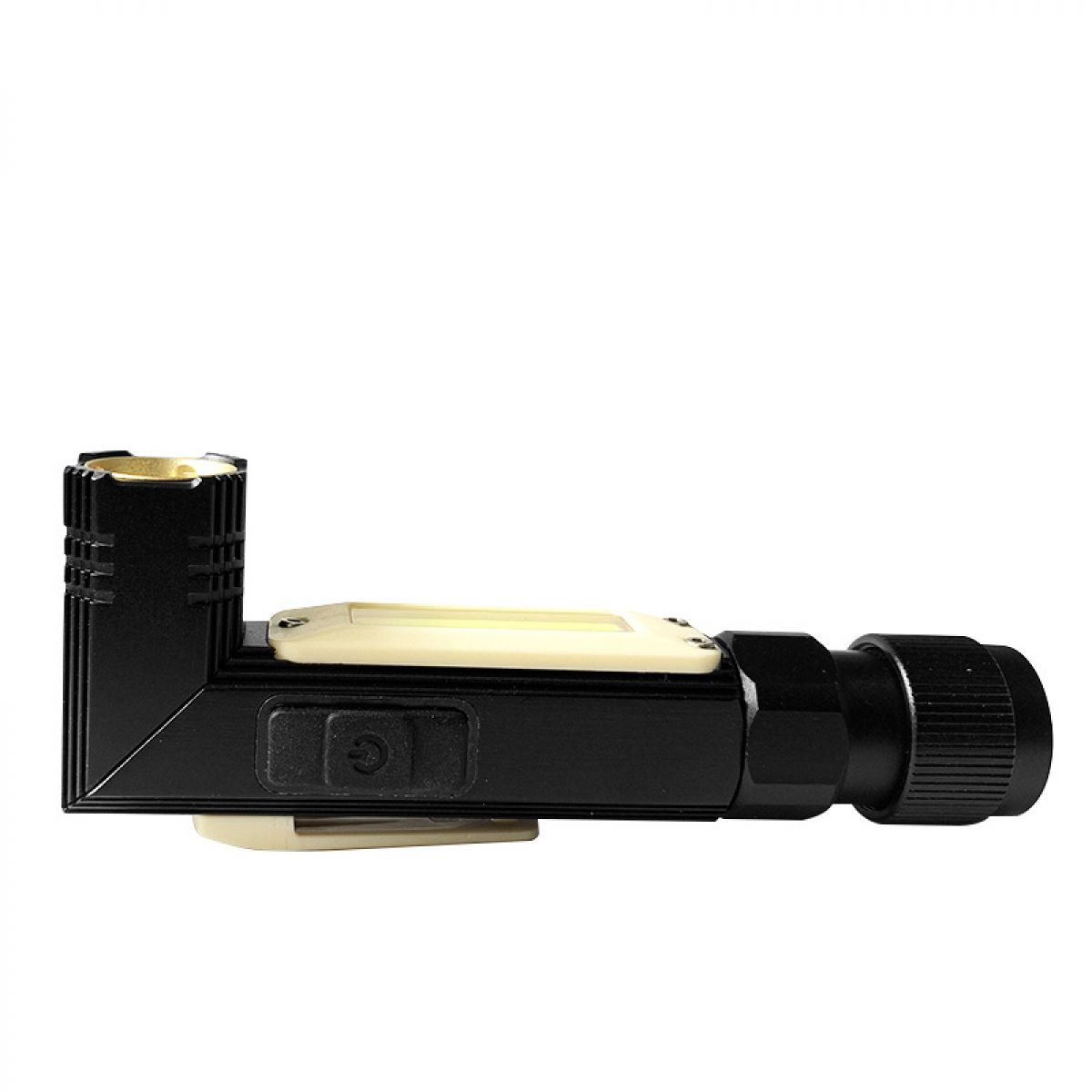 Schwarze und cremefarbene abgewinkelte Taschenlampe. Sie hat einen Ein-/Ausschalter und ein strukturiertes Ende. Der Hintergrund ist schlicht weiß.