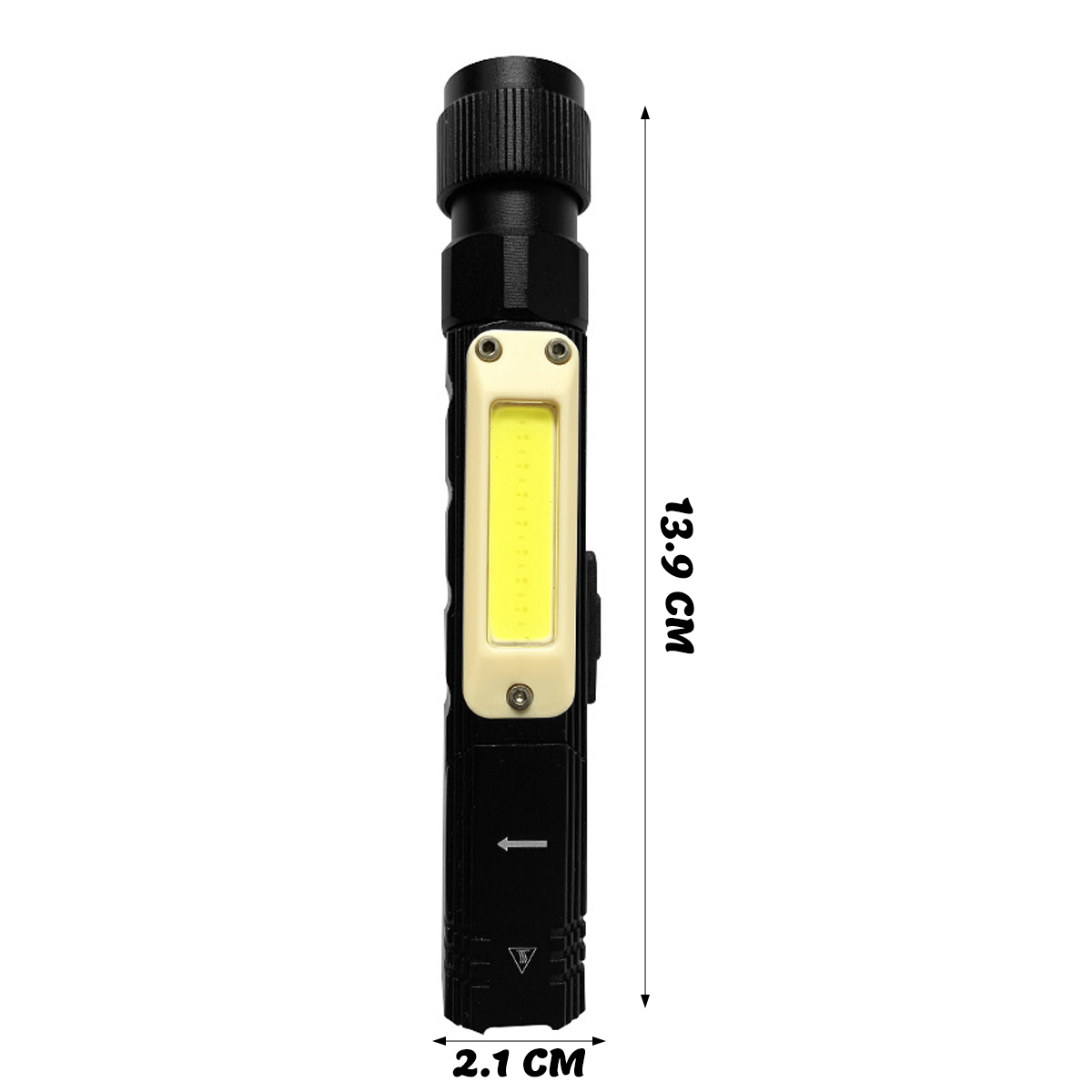 Eine schwarze und silberne Taschenlampe ist abgebildet. Sie hat ein COB-Lichtpaneel in der Mitte, mit den angegebenen Abmessungen 13,9 cm x 2,1 cm.