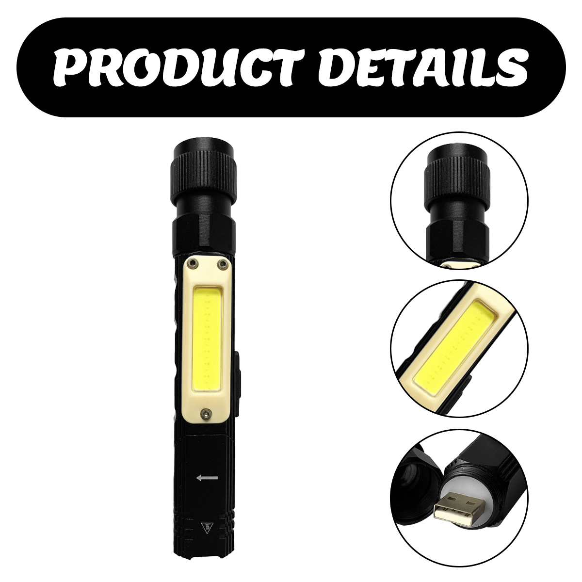 Schwarze Taschenlampe mit weißem Lichtpaneel. Enthält Nahaufnahmen von Oberseite, Licht und USB-Anschluss.