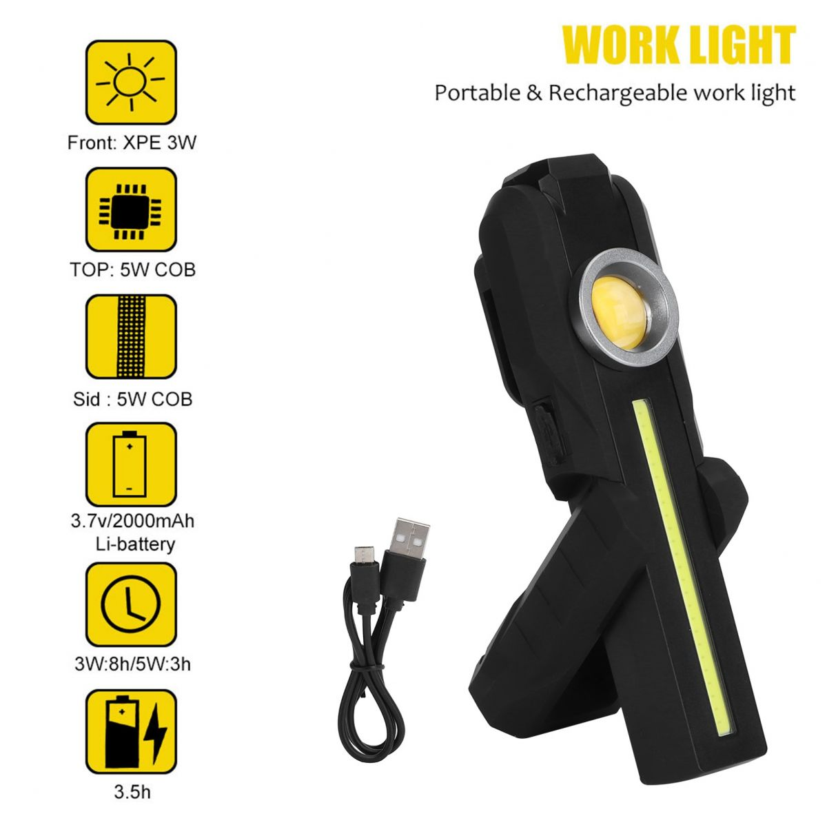 Schwarze Arbeitsleuchte mit gelbem Licht, Ladekabel und Symbolen für Batterieinformationen. Text: Arbeitsleuchte, tragbar und wiederaufladbar.