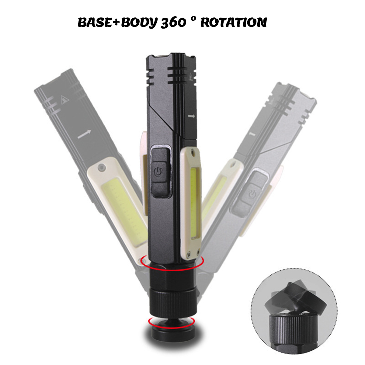 Das Bild zeigt eine schwarze und graue Taschenlampe mit drehbarem Fuß. Text lautet 'BASE+BODY 360° ROTATION'. Mehrere Taschenlampenpositionen sind abgebildet.