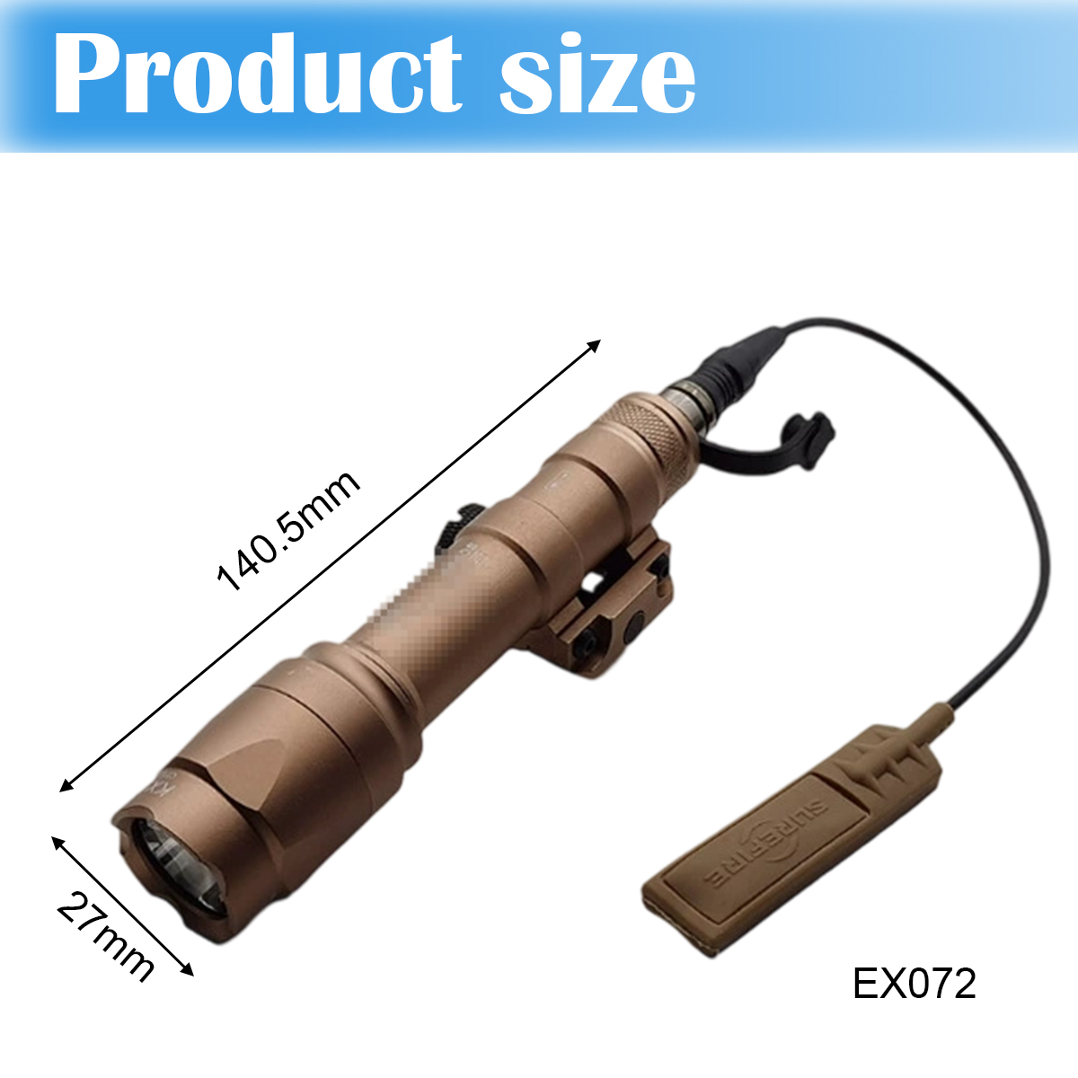 Eine sandfarbene Taschenlampe mit Fernschalter. Die Abmessungen betragen 140,5 mm Länge und 27 mm Breite. Der Text lautet "Produktgröße" und "EX072".