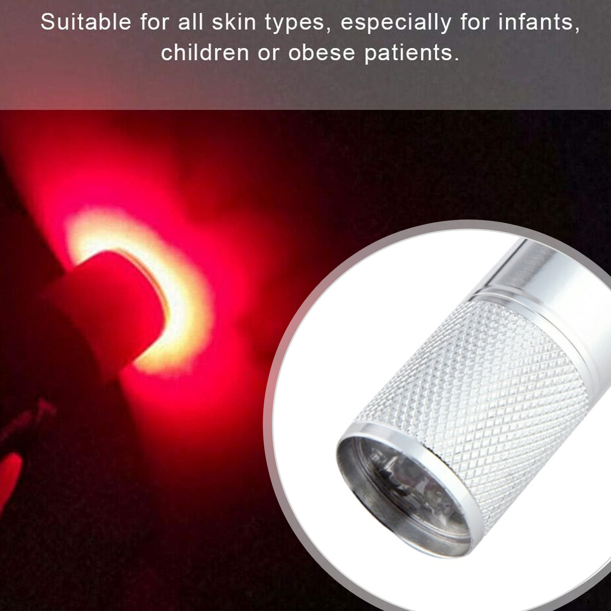 Ein rotes Lichtgerät mit einem metallischen Griff, gezeigt in einer kreisförmigen Einlage. Der Hintergrund ist dunkelrot.
