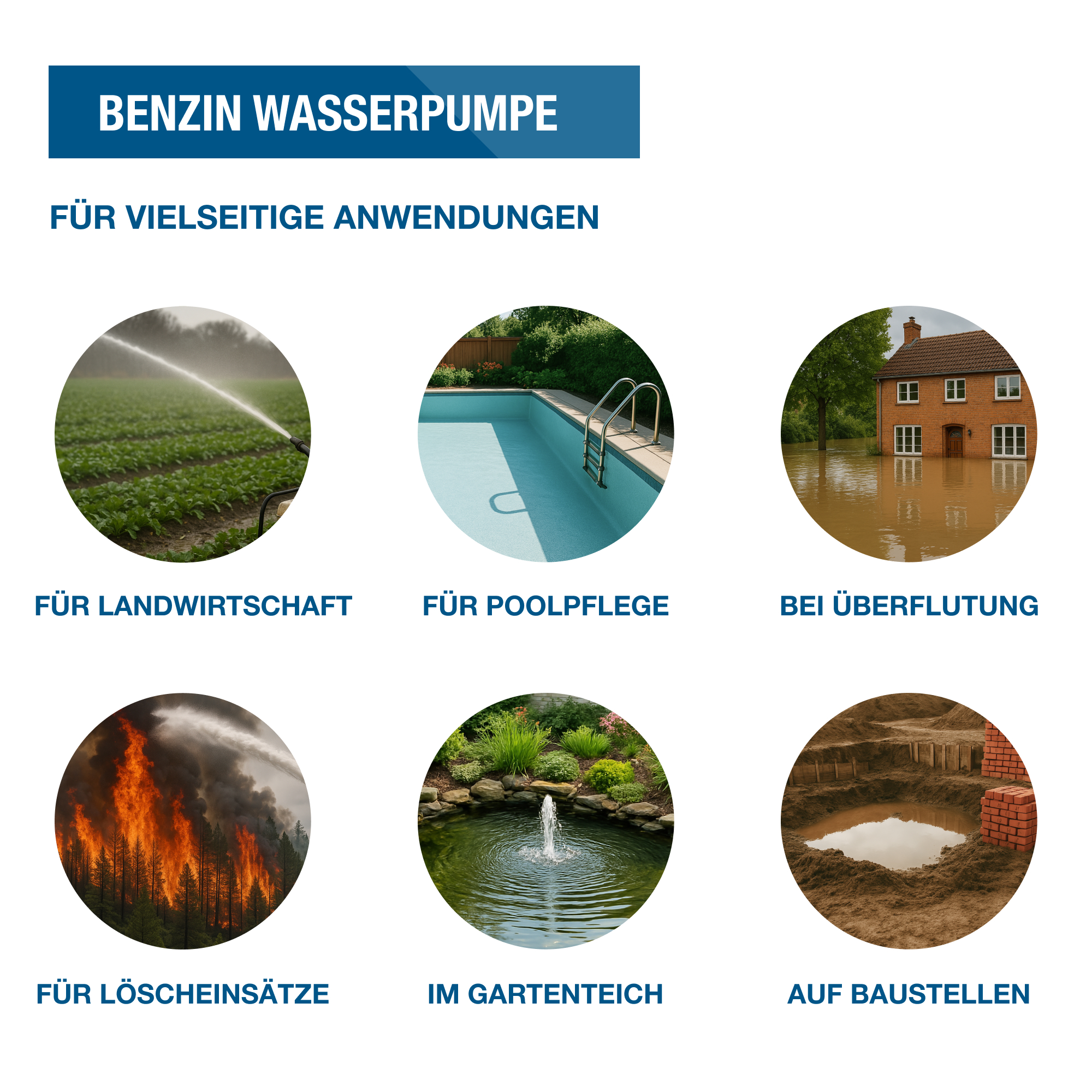 Bild zeigt sechs kreisförmige Fotos. Themen sind Landwirtschaft, Poolpflege, Überschwemmung, Brandbekämpfung, Gartenteich und Bau.