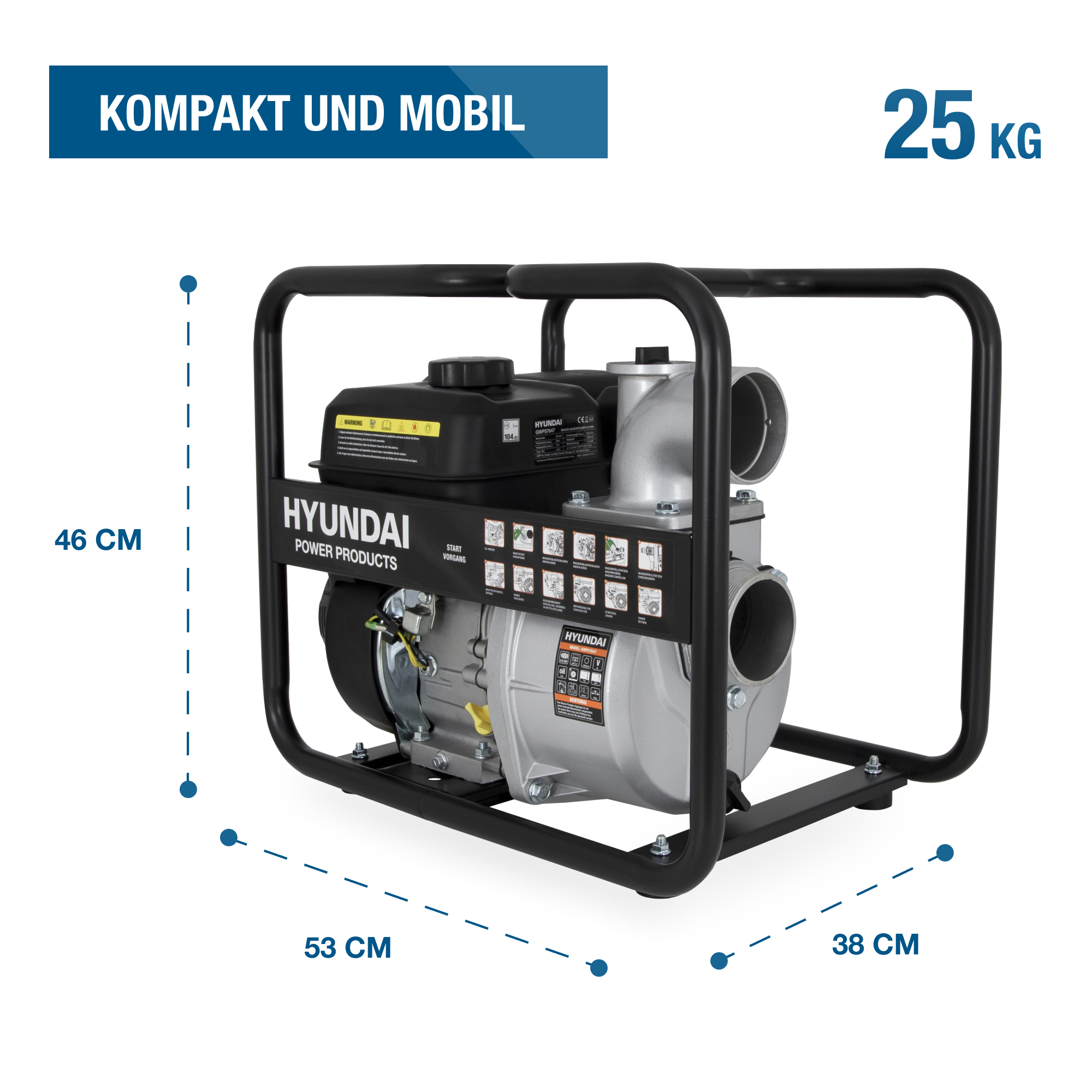 Eine silberne und schwarze Hyundai Wasserpumpe, Abmessungen sind markiert. Text sagt: kompakt und mobil, 25 kg.