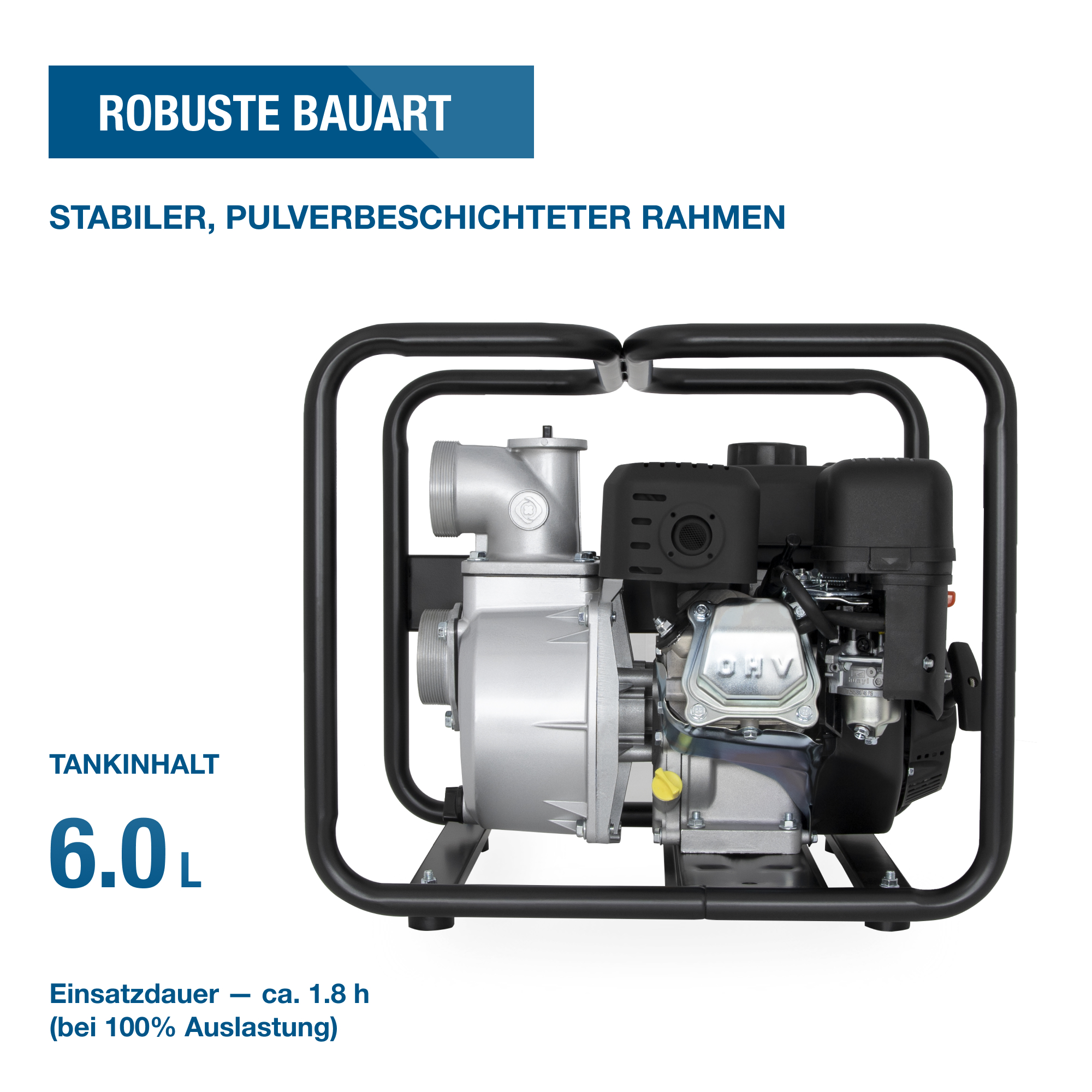 Eine Wasserpumpe mit schwarzem Rahmen und silbernen Komponenten. Text enthält Tankinhalt und Betriebszeit.