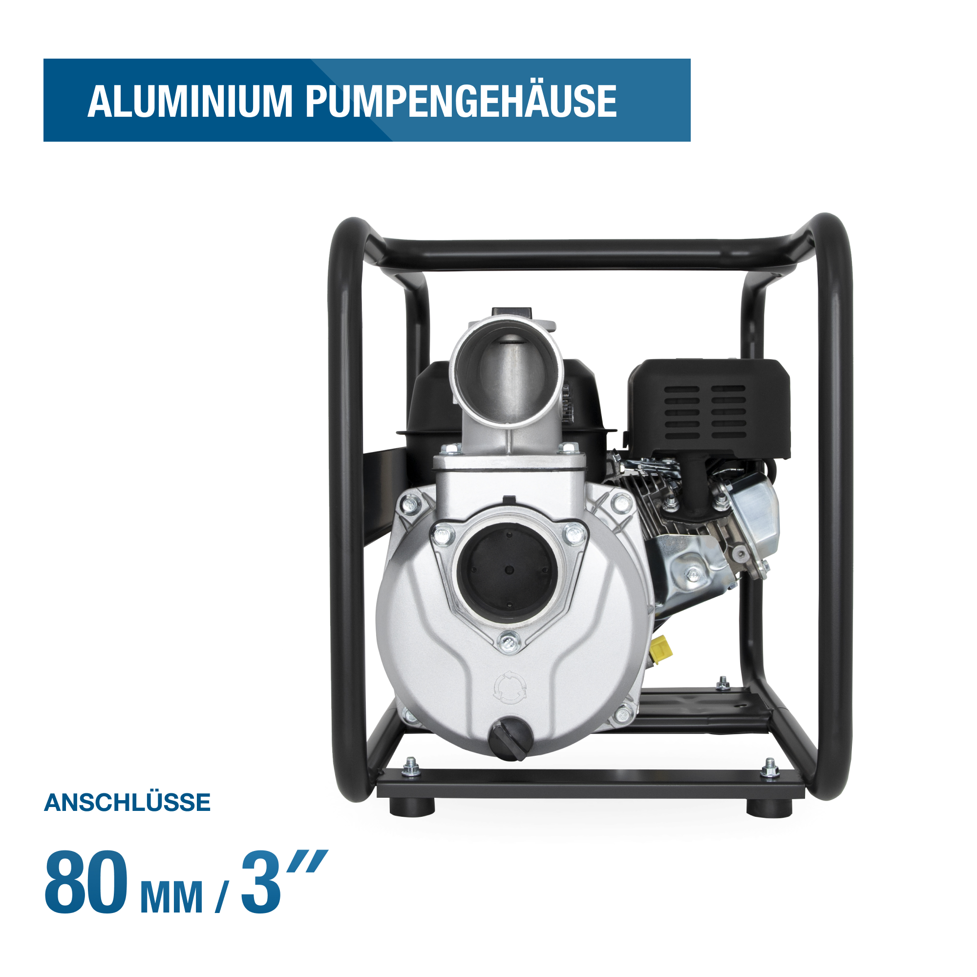 Eine silberne Wasserpumpe mit schwarzem Rahmen. Oben steht "ALUMINIUM PUMPENGEHÄUSE" und "80 MM / 3"
