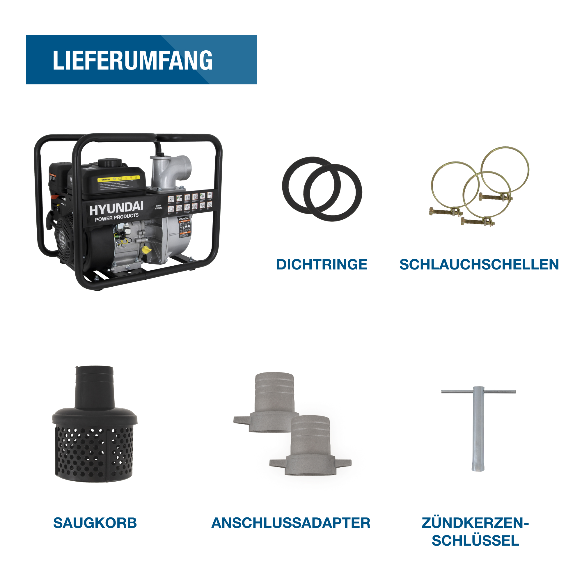 Das Bild zeigt eine Hyundai Wasserpumpe und ihre Komponenten, einschließlich Dichtungen, Schellen, einem Sieb, Adaptern und einem Zündkerzenschlüssel.