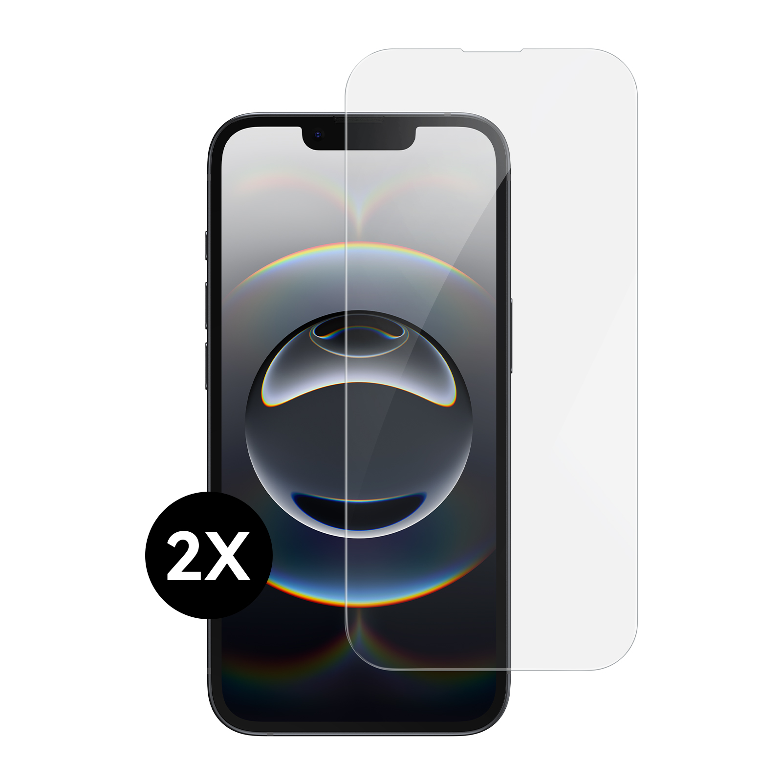 Ein iPhone mit Displayschutz. Ein 2X-Kreis befindet sich unten links. Das Telefon ist schwarz.