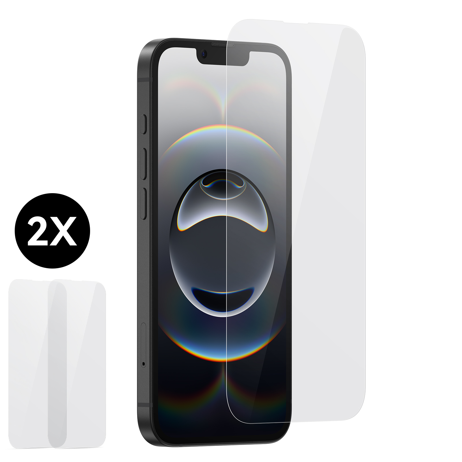 iPhone mit Displayschutzfolie. Zwei Schutzfolien gezeigt. Ein schwarzes Telefon mit angebrachter klarer Schutzfolie.