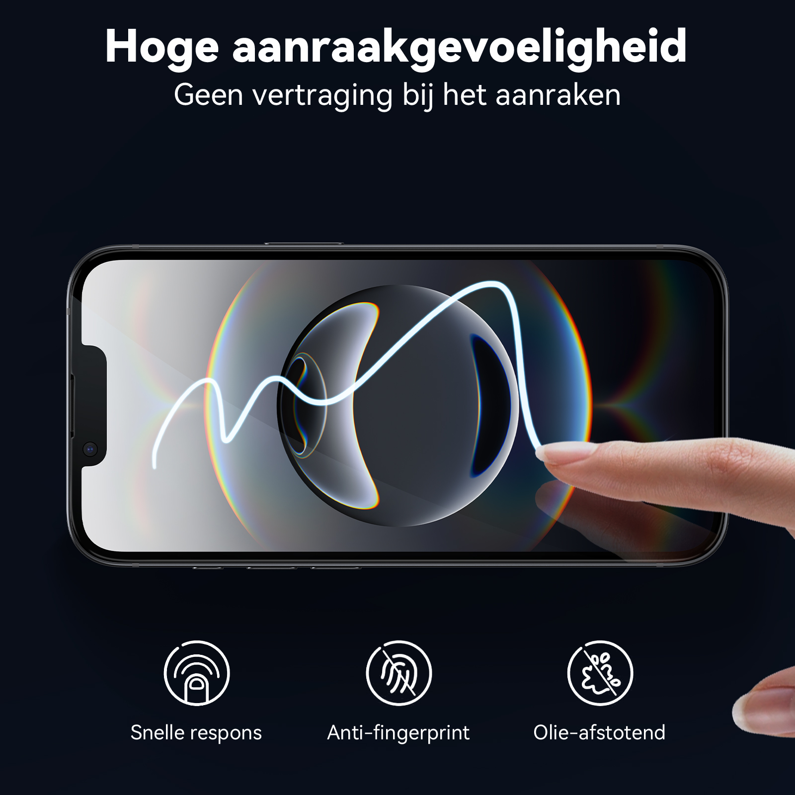 Ein Handybildschirm mit einem Finger, einer weißen Linie und Text über Berührungsempfindlichkeit und Funktionen.