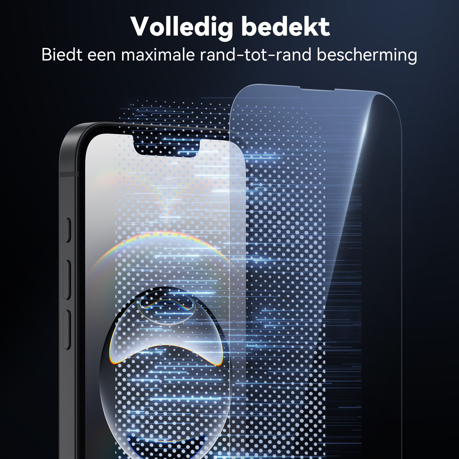Das Bild zeigt ein Smartphone mit Displayschutzfolie. Der Text-Overlay lautet 'Vollständig abgedeckt' in Weiß.