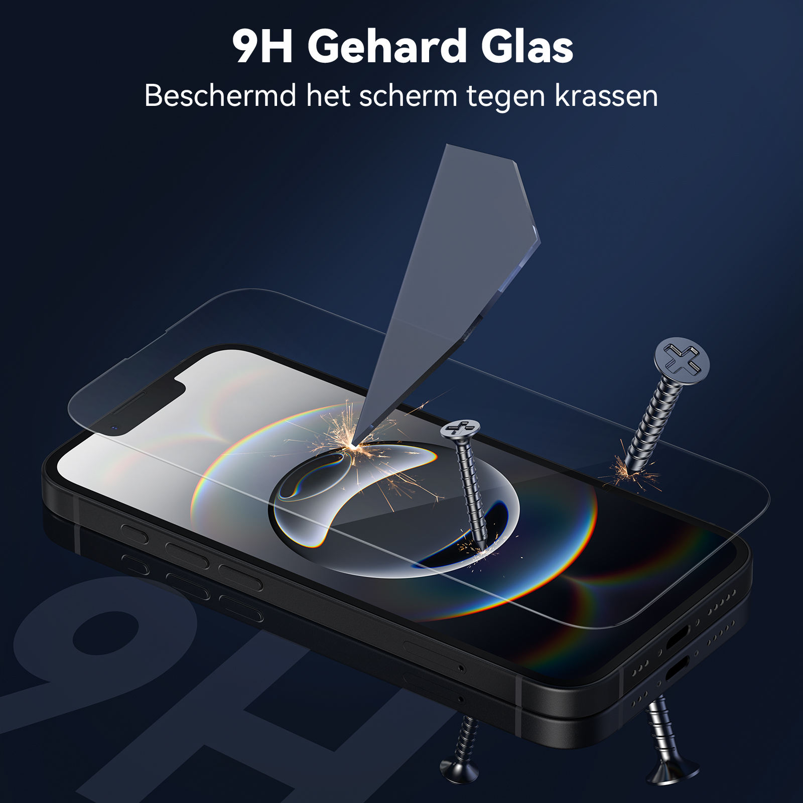 Ein Telefon mit einer Schutzfolie, die mit einer Schraube getestet wird, um Kratzfestigkeit auf dunklem Hintergrund zu zeigen.