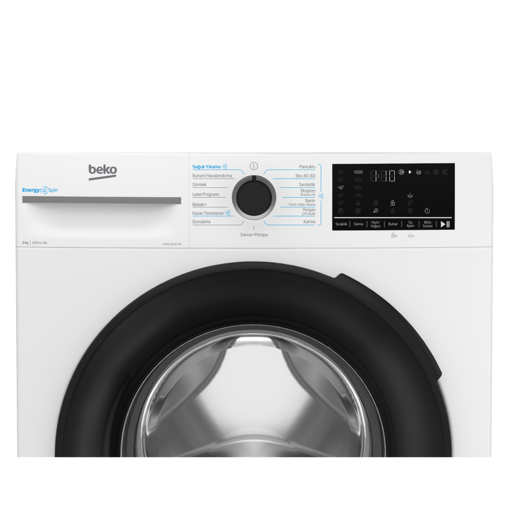 Siyah kapılı beyaz Beko çamaşır makinesi. Çeşitli yıkama döngüsü seçenekleri ve dijital bir ekranı var.