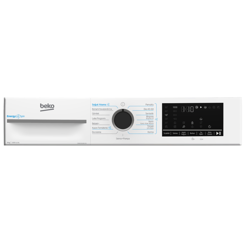 Beyaz bir Beko çamaşır makinesi kontrol paneli. Programlar için bir kadran ve ayarlar için düğmeler vardır. Bir LCD ekran ayarları gösterir.