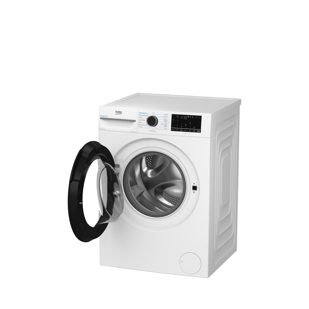 Kapısı açık beyaz bir Beko çamaşır makinesi. Gri bir yüzey üzerinde ve arka plan siyah.