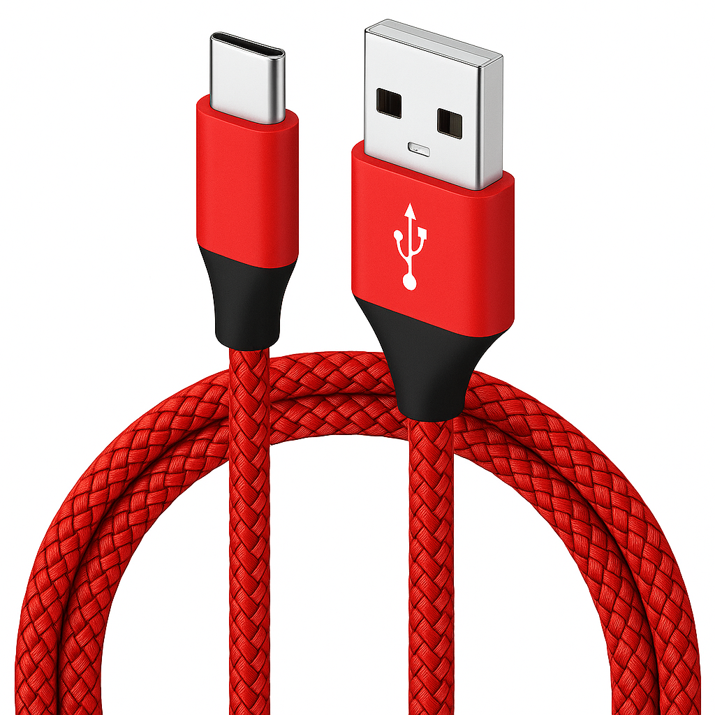 Ein rotes USB-Kabel mit geflochtenem Design. Es hat einen USB-C-Anschluss an einem Ende und einen Standard-USB am anderen.